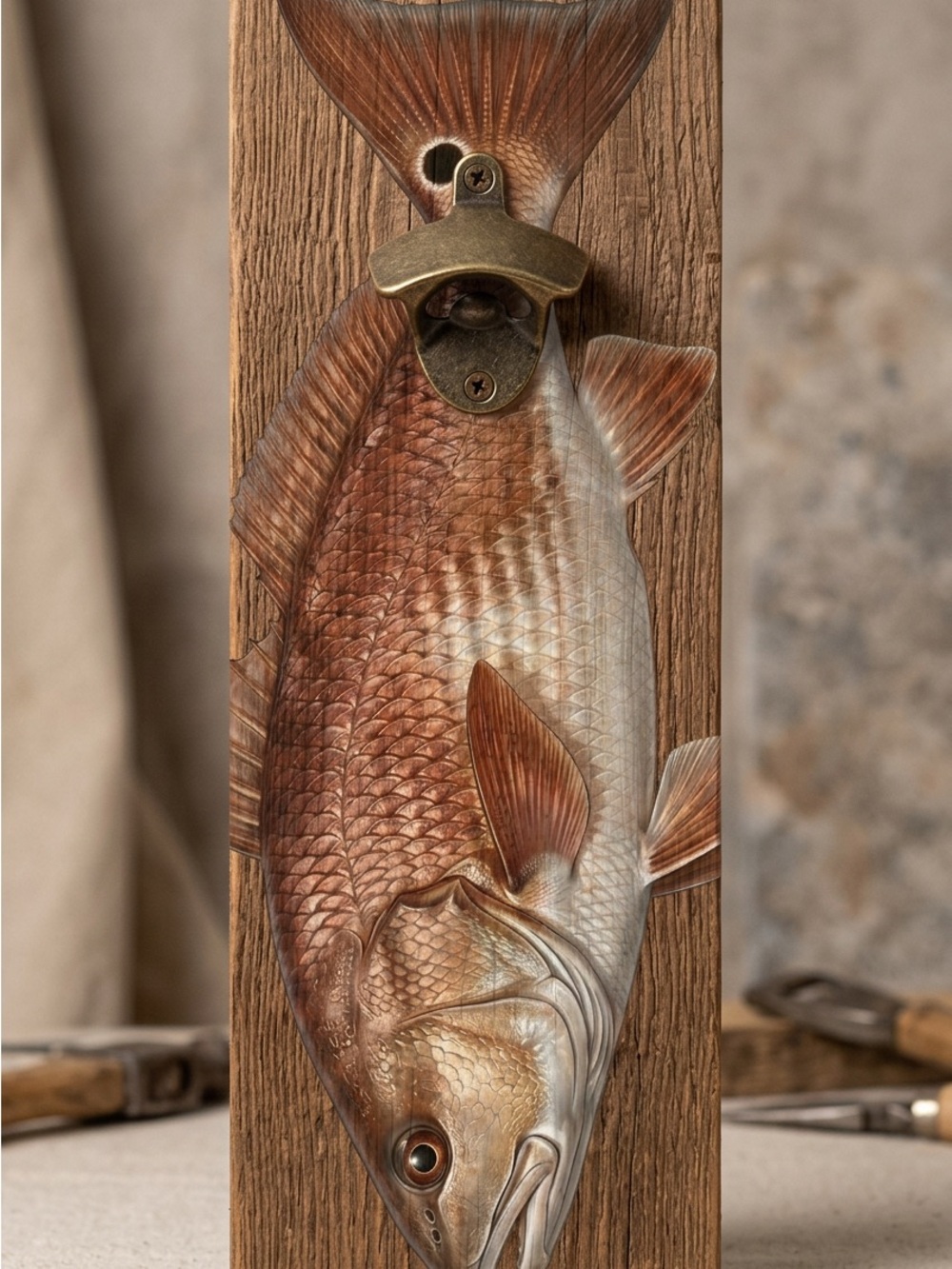 Wall-Mounted Fish Bottle Opener in Brown and Gold Finish